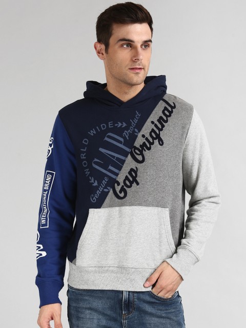 

Gap Men Blue & Grey Printed Panel Hooded Fleece Sweatshirt