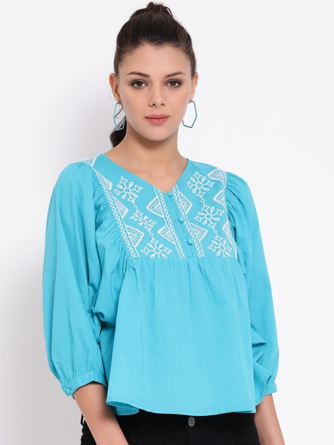 

Oxolloxo Women Turquoise Blue Printed High-Low Pure Cotton Top