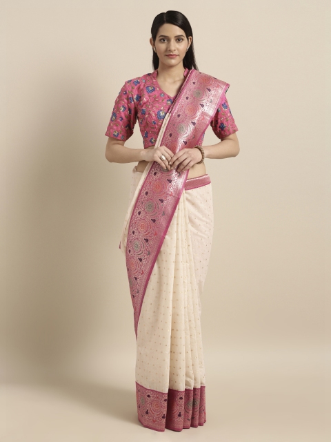 

Mitera Cream-Coloured & Pink Silk Cotton Woven Design Banarasi Saree