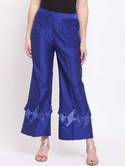 

RIVI Women Blue Solid Straight Silk Palazzos