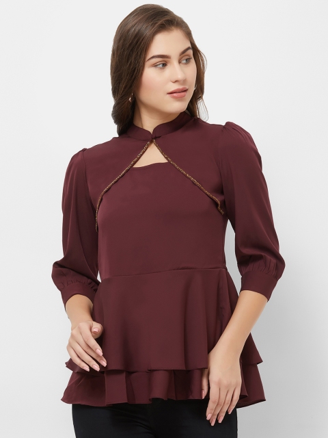 

Soie Women Red Embellished Peplum Top, Maroon