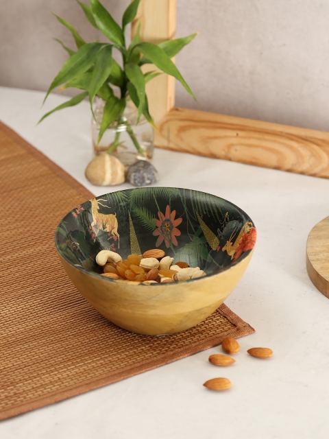 

India Circus by Krsnaa Mehta Beige & Green Wood Digital Printed Enameled Bowl