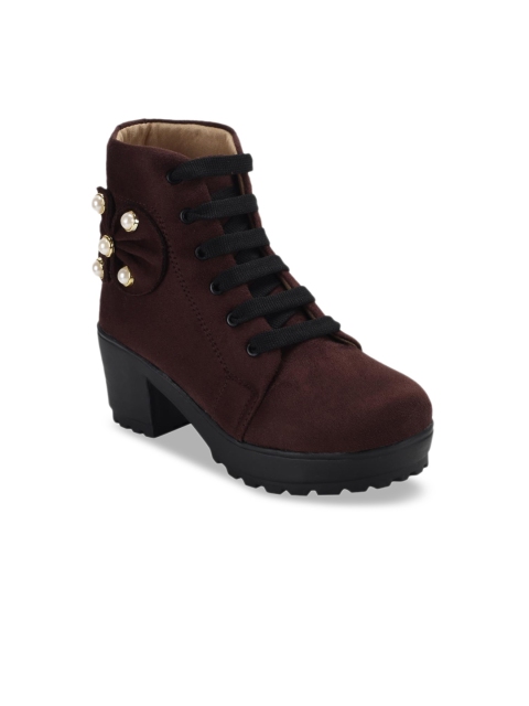 

ZAPATOZ Women Brown Solid Embellished Suede Heeled Boots