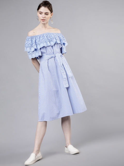 

Tokyo Talkies Women Striped Blue Fit and Flare Dress