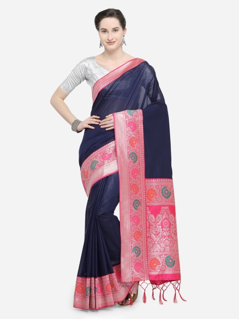 

Mitera Navy Blue & Pink Silk Cotton Woven Design Banarasi Saree