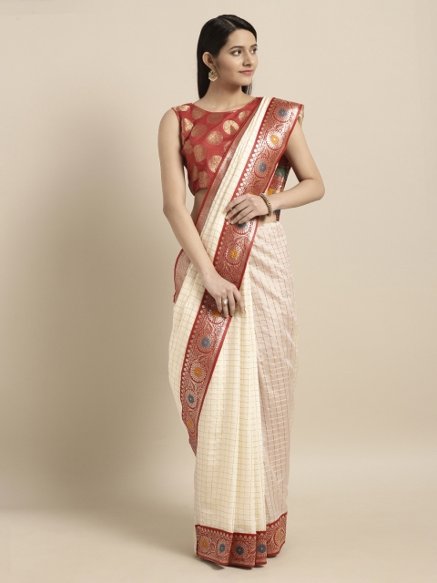 

Mitera Cream-Coloured & Red Silk Blend Woven Design Banarasi Saree