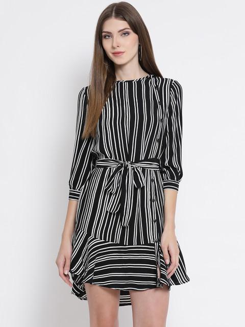 

Oxolloxo Women Black & White Striped Fit and Flare Dress