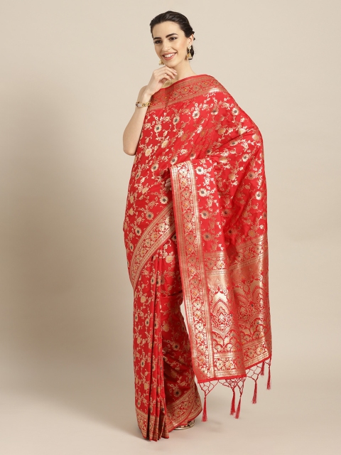 

Mitera Red & Gold-Coloured Art Silk Handloom Woven Design Banarasi Saree