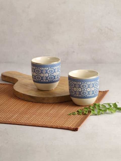 

India Circus by Krsnaa Mehta Cream-Coloured & Blue 2-Pieces Printed Ceramic Kulladhs Set
