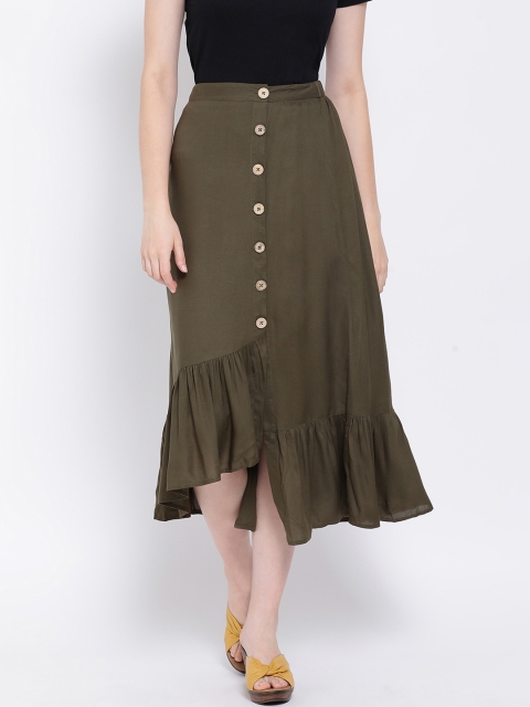 

Oxolloxo Women Olive Green Solid A-Line Midi Skirt
