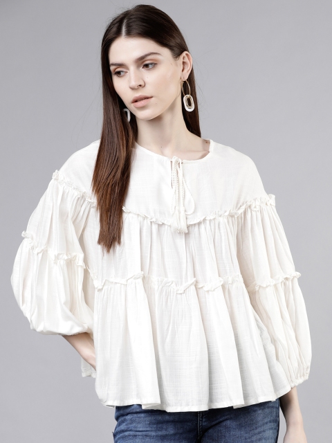 

Tokyo Talkies Women Off-White Solid Tiered Top