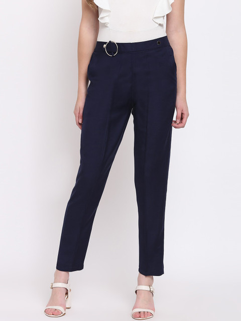 

RIVI Women Navy Blue Regular Fit Solid Cigarette Trousers