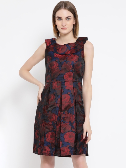 

Latin Quarters Women Red & Navy Blue Printed Fit and Flare Dress
