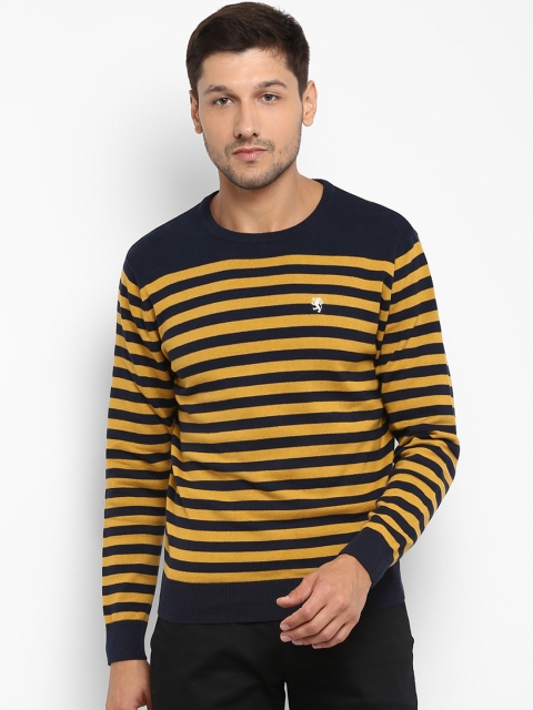 

Red Tape Men Navy Blue & Mustard Yellow Striped Sweater