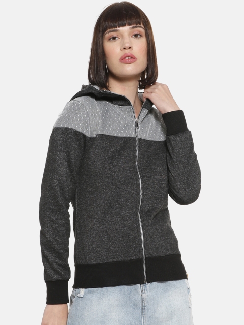 

Campus Sutra Women Charcoal & Grey Solid Hooded Sweatshirt