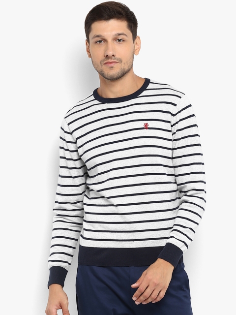 

Red Tape Men Grey Melange & Navy Blue Striped Sweater