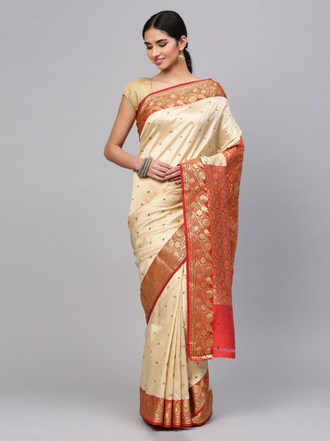 

Mitera Gold-Toned & Red Art Silk Woven Design Banarasi Saree