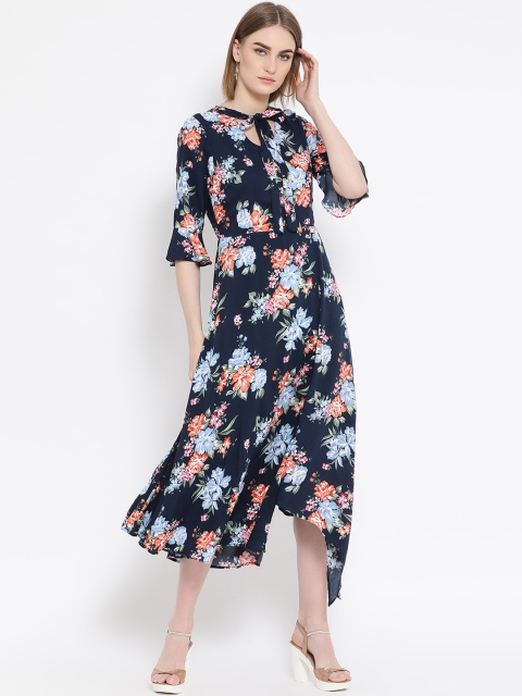 

Latin Quarters Women Navy Blue & Red Floral Print Fit and Flare Dress