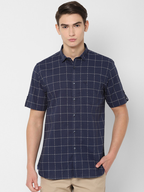 

Allen Solly Men Navy Blue & White Checked Slim Fit Casual Shirt