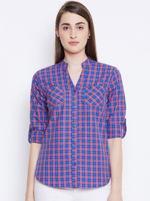 

Ruhaans Women Blue & Red Regular Fit Checked Casual Shirt