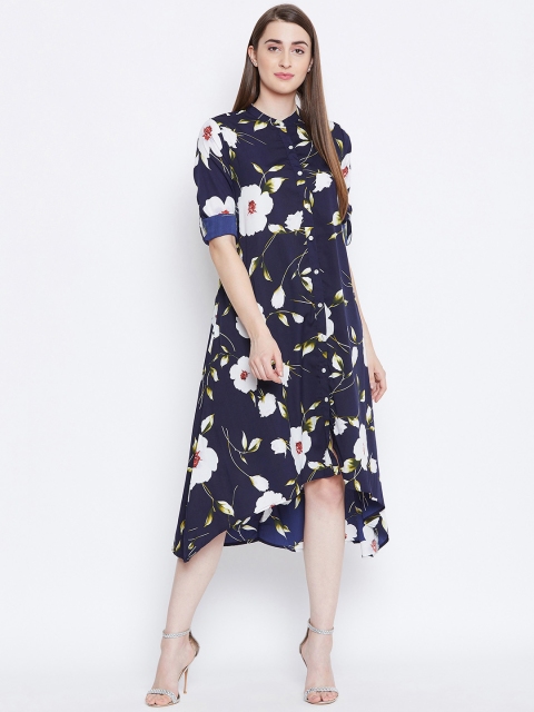 

Ruhaans Women Printed Navy Blue Shirt Dress