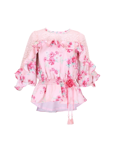 

CUTECUMBER Girls Peach-Coloured Printed Cinched Waist Top