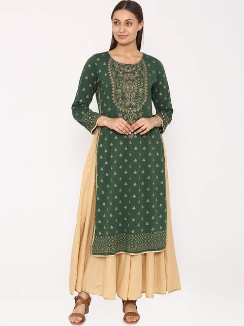 

Laabha Women Green & Gold-Coloured Printed A-Line Kurta