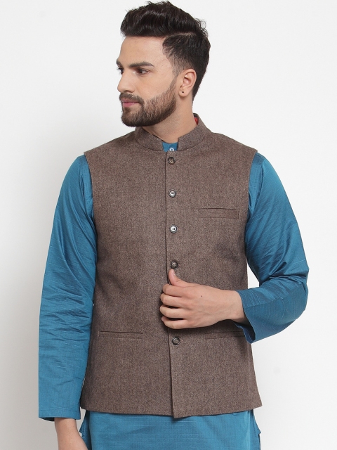 

Neudis Men Brown Solid Pure Woolen Nehru Jacket