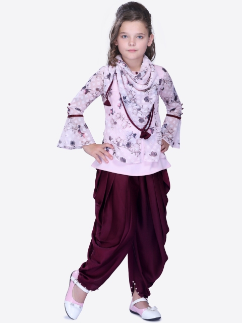 

CUTECUMBER Girls Pink & Maroon Printed Top with Dhoti Pants