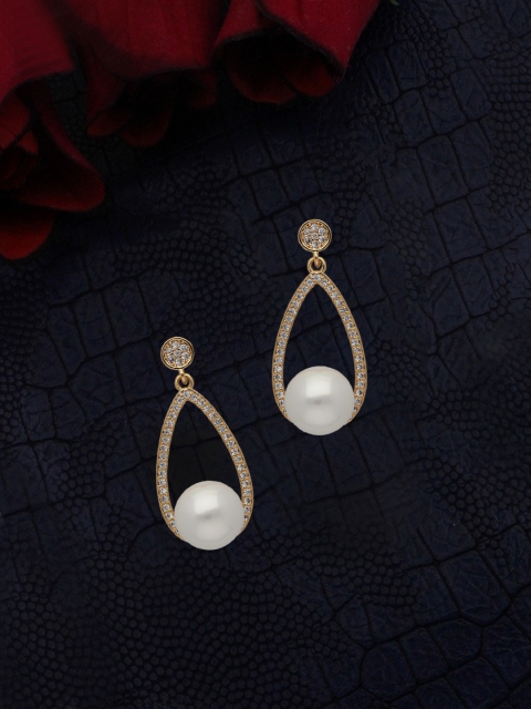 

Sia Art Jewellery Gold-Plated & Off-White Zircon Studded Teardrop Shaped Drop Earrings