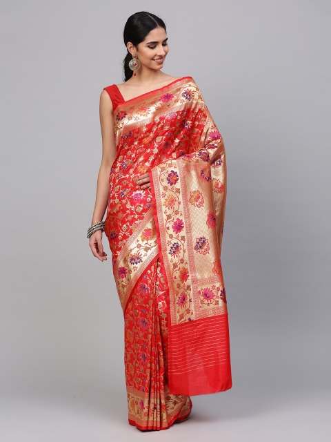 

Mitera Red & Gold-Coloured Art Silk Handloom Woven Design Banarasi Saree