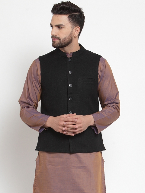 

Neudis Men Brown Checked Pure Woolen Nehru Jacket, Black