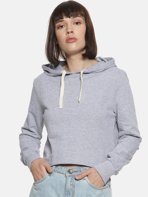 

Campus Sutra Women Grey Solid Hooded Sweatshirt