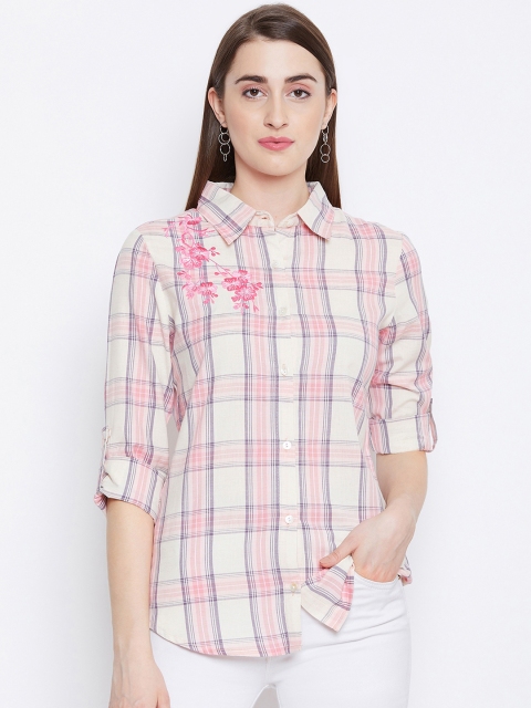 

Ruhaans Women Cream-Coloured & Pink Regular Fit Checked Casual Shirt