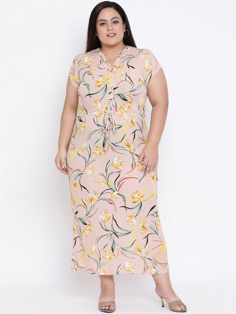 

Oxolloxo Women Peach-Coloured & Yellow Printed A-Line Dress