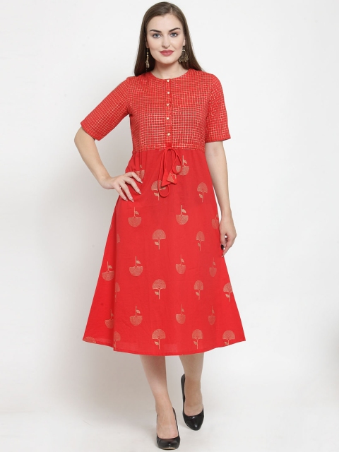

Kiaasa Women Coral Red Printed A-Line Kurta