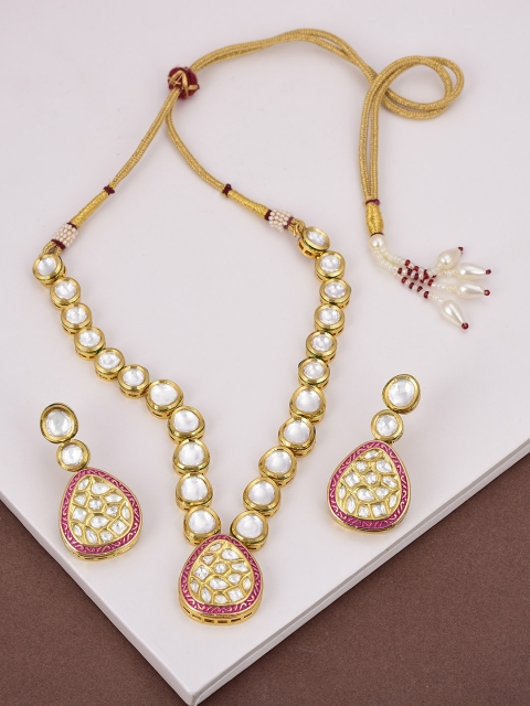 

Tistabene Women Gold-Plated White & Pink Kundan Polki Enamel Jewellery Set