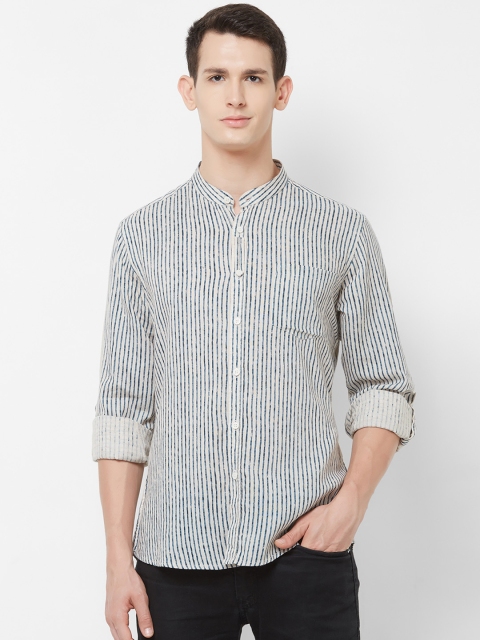 

EVOQ Men White & Blue Cotton Linen Regular Fit Striped Casual Shirt