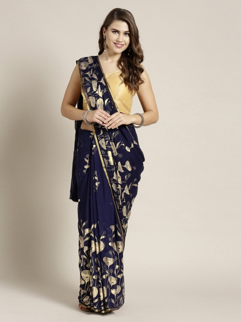 

Mitera Navy Blue & Gold-Toned Poly Chiffon Hand-Dyed Printed Saree