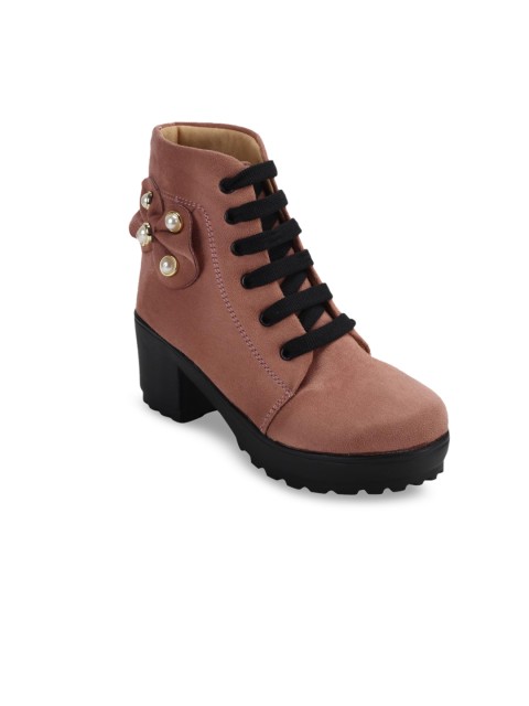 

ZAPATOZ Women Pink Solid Embellished Suede Heeled Boots