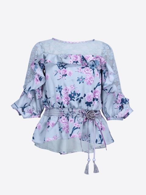 

CUTECUMBER Girls Blue Printed Cinched Waist Top