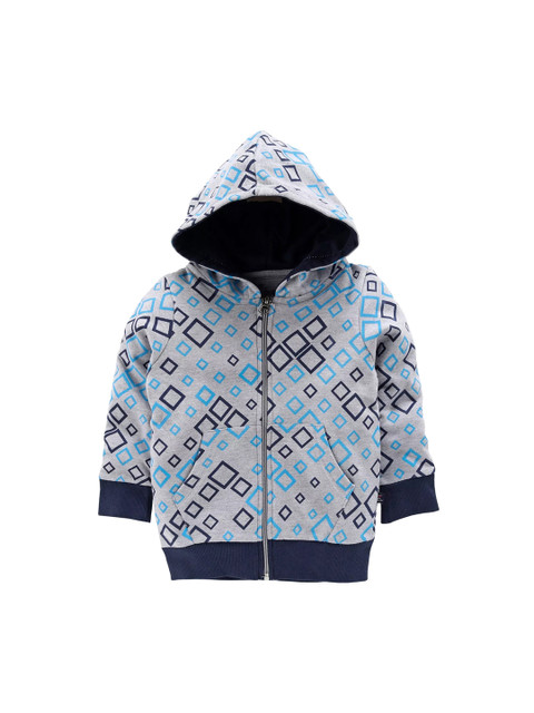 

KiddoPanti Boys Grey Melange & Blue Printed Hooded Sweatshirt