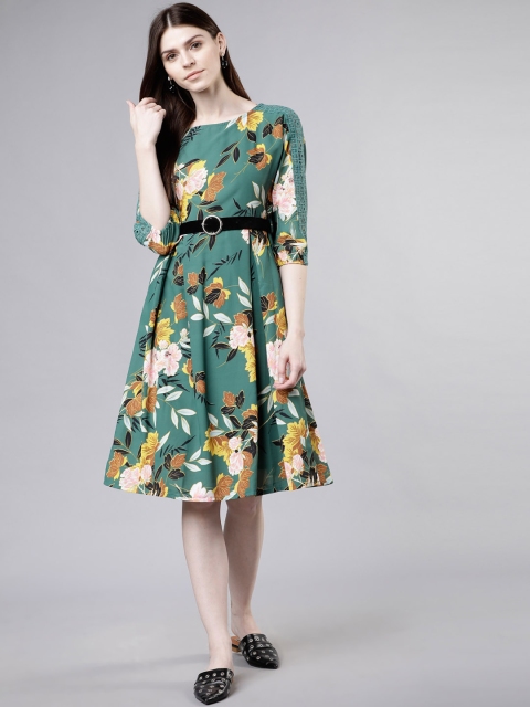 

Tokyo Talkies Women Green Printed Fit and Flare Dress