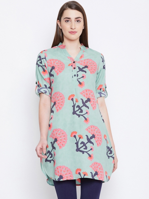 

Ruhaan Women Green & Pink Printed Light Green Tunic