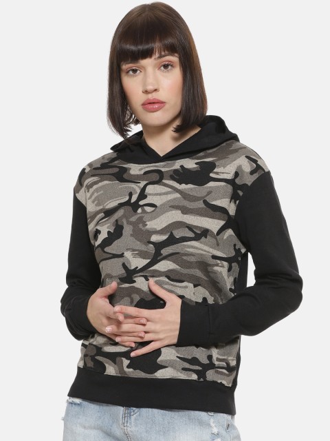 

Campus Sutra Women Black & Beige Printed Camouflage Hooded Sweatshirt