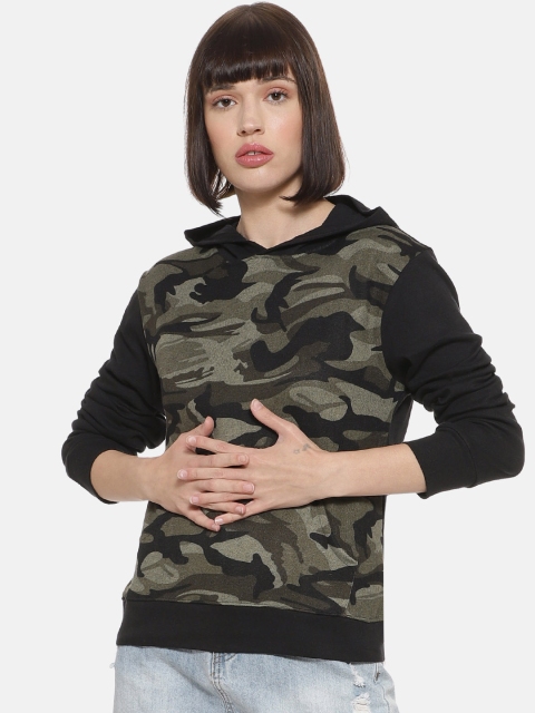 

Campus Sutra Women Olive Green & Black Printed Camouflage Hooded Sweatshirt