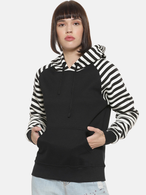 

Campus Sutra Women Black Striped Hooded Sweatshirt