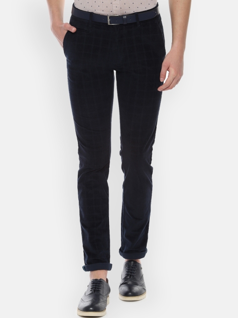 

V Dot Men Navy Blue Checked Slim Fit Regular Trousers