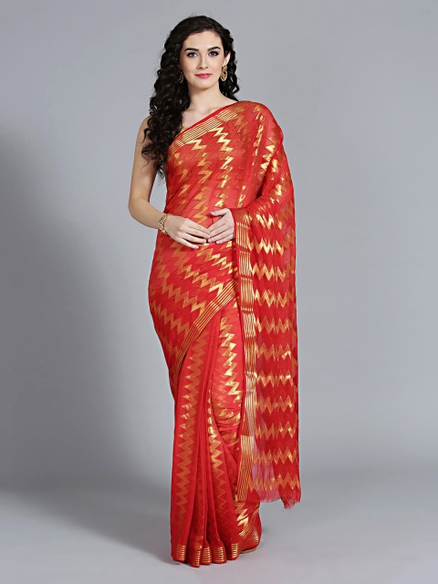 

Mitera Red Woven Design Poly Georgette Saree