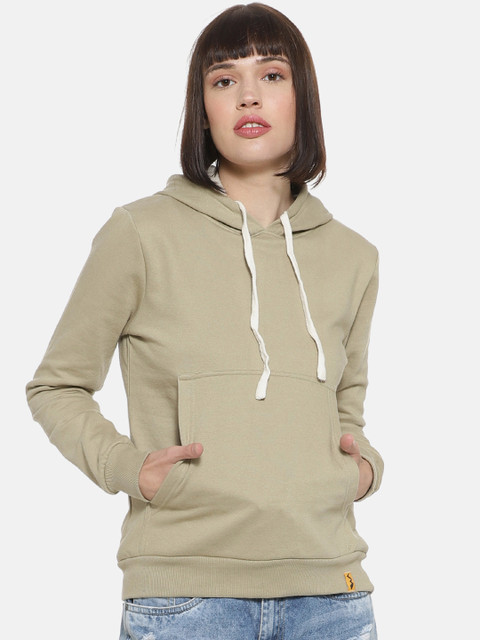 

Campus Sutra Women Olive Green Solid Hooded Sweatshirt